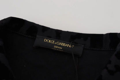 Dolce &amp; Gabbana – Langärmlige Jeansjacke aus schwarzer Baumwolle mit Leopardenmuster