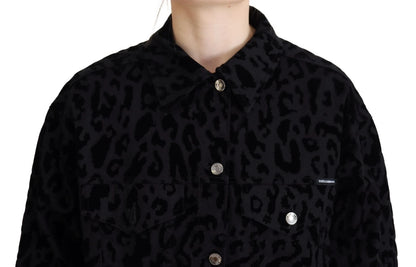 Dolce &amp; Gabbana – Langärmlige Jeansjacke aus schwarzer Baumwolle mit Leopardenmuster