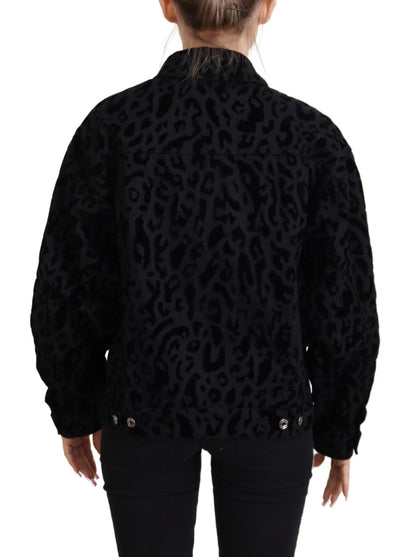 Dolce &amp; Gabbana – Langärmlige Jeansjacke aus schwarzer Baumwolle mit Leopardenmuster