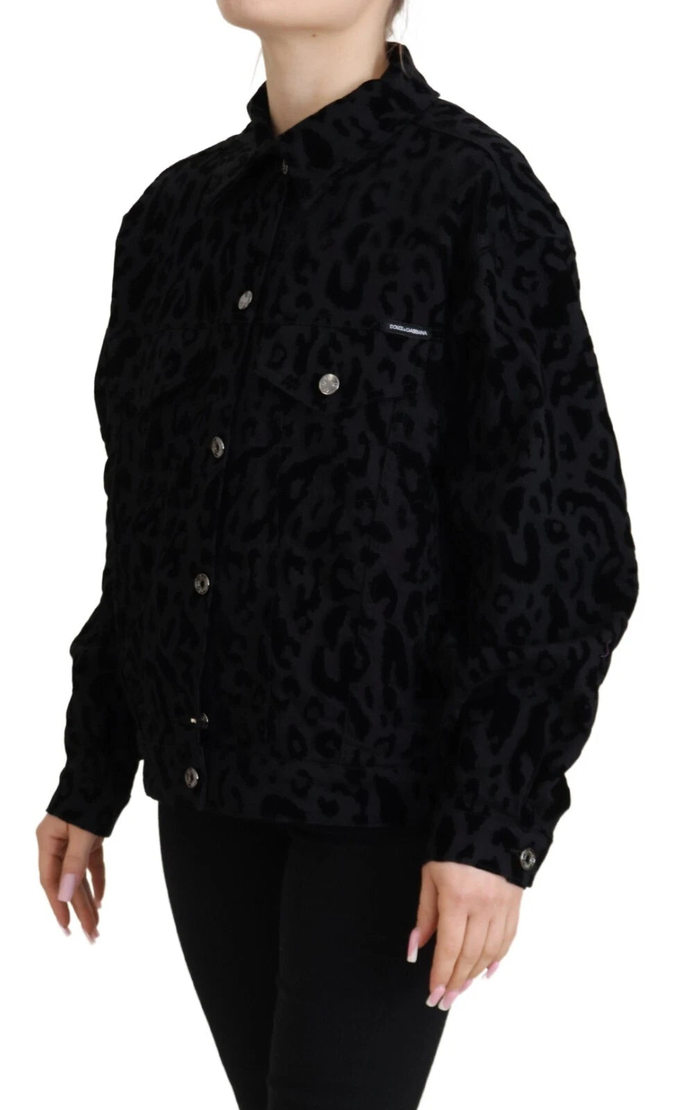 Dolce &amp; Gabbana – Langärmlige Jeansjacke aus schwarzer Baumwolle mit Leopardenmuster
