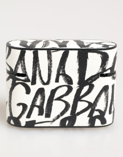 Dolce &amp; Gabbana Airpods-Hülle aus schwarz-weißem Leder mit Monogramm-Print und Logo