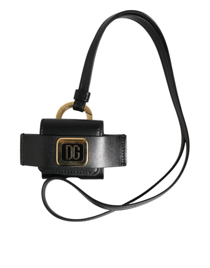Dolce &amp; Gabbana – Airpods-Hülle mit schwarzem Lederarmband und goldenem DG-Logo-Schild aus Metall
