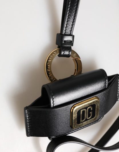 Dolce &amp; Gabbana – Airpods-Hülle mit schwarzem Lederarmband und goldenem DG-Logo-Schild aus Metall