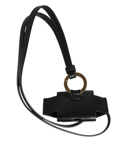 Dolce &amp; Gabbana – Airpods-Hülle mit schwarzem Lederarmband und goldenem DG-Logo-Schild aus Metall