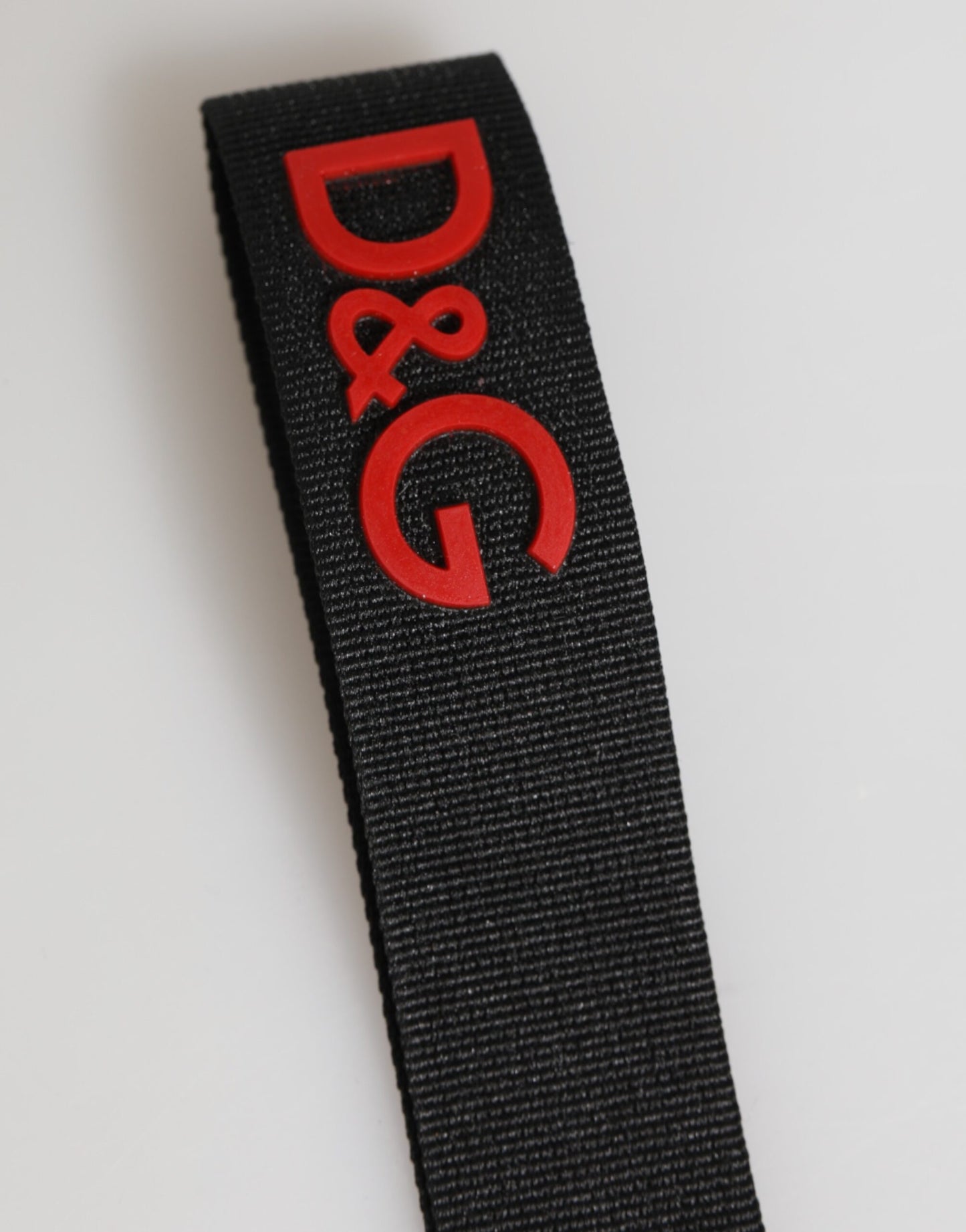 Dolce &amp; Gabbana Schwarz Rot Logo Polyester Messing Halter Schlüsselanhänger Schlüsselring