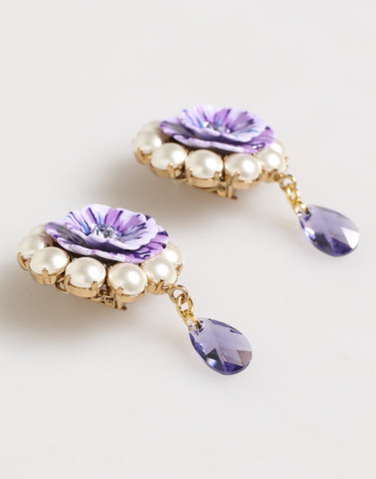 Dolce &amp; Gabbana – Statement-Ohrclips mit violettem Blumenmuster und Kristallperlen
