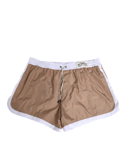 Dolce &amp; Gabbana Braun-weiße Polyester-Re-Edition-Shorts-Bademode