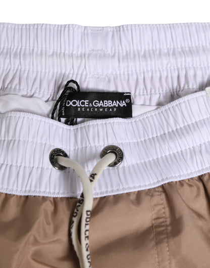 Dolce &amp; Gabbana Braun-weiße Polyester-Re-Edition-Shorts-Bademode