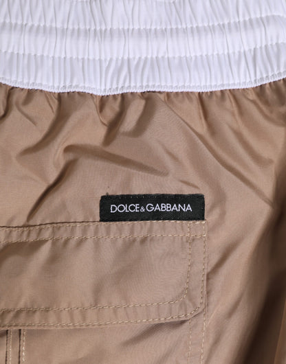 Dolce &amp; Gabbana Braun-weiße Polyester-Re-Edition-Shorts-Bademode