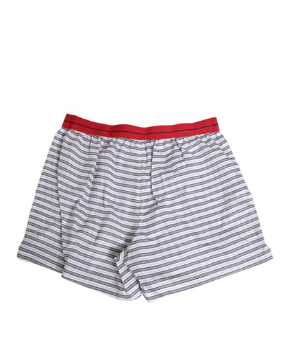 Dolce &amp; Gabbana – Badeshorts aus weiß gestreifter Baumwolle mit rotem Bund
