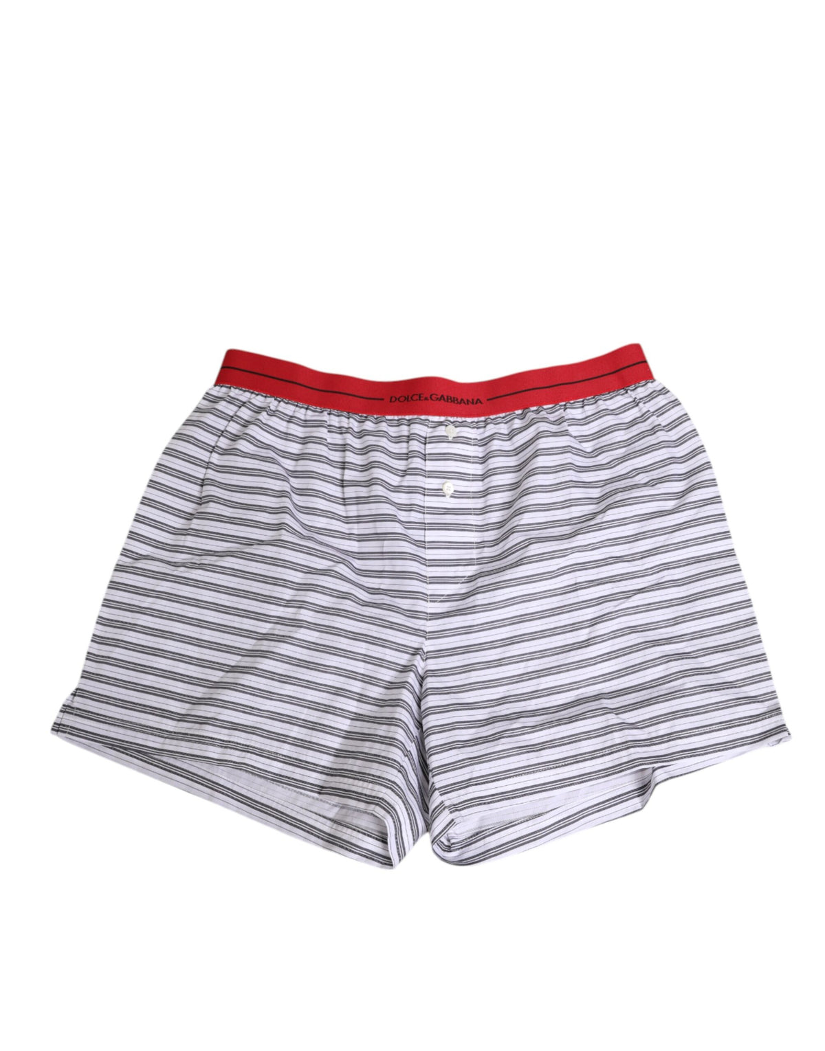 Dolce &amp; Gabbana – Badeshorts aus weiß gestreifter Baumwolle mit rotem Bund