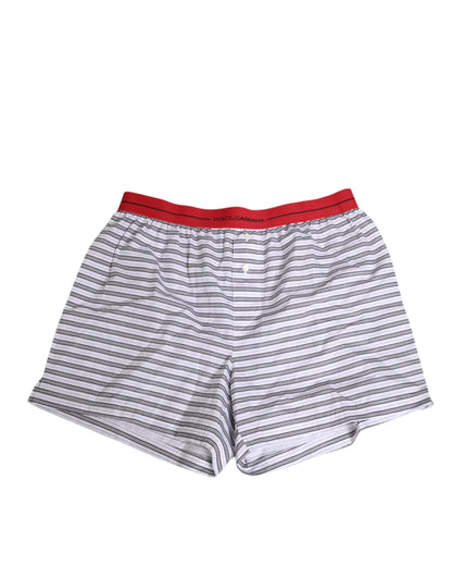 Dolce &amp; Gabbana – Badeshorts aus weiß gestreifter Baumwolle mit rotem Bund