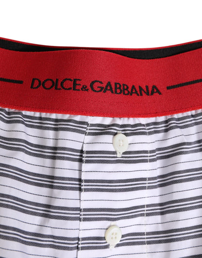 Dolce &amp; Gabbana – Badeshorts aus weiß gestreifter Baumwolle mit rotem Bund