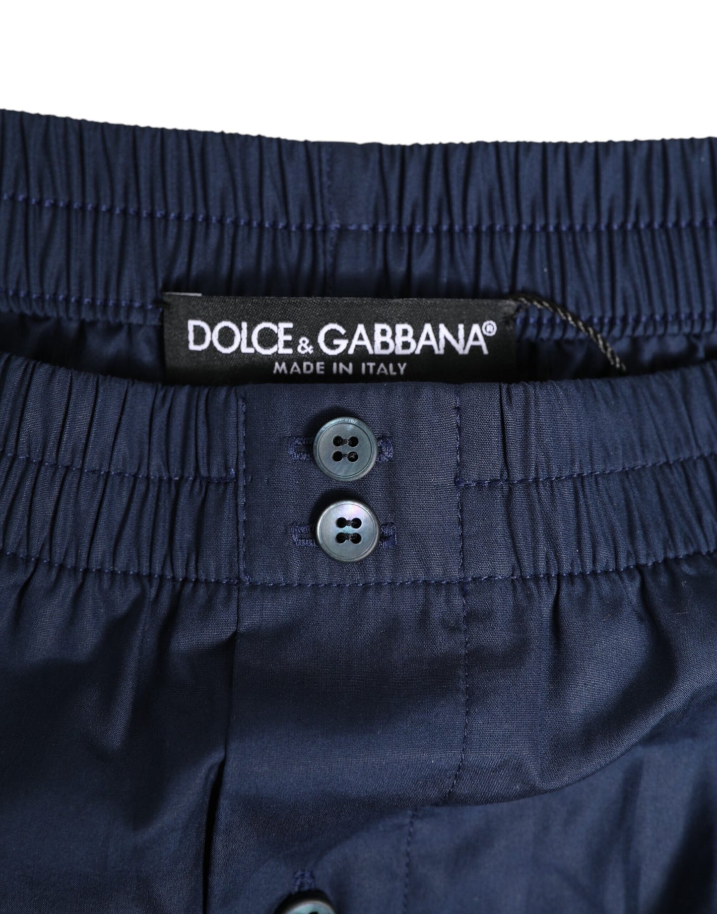 Dolce &amp; Gabbana – Marineblaue Bademode aus Baumwolle mit elastischem Bund und Knöpfen
