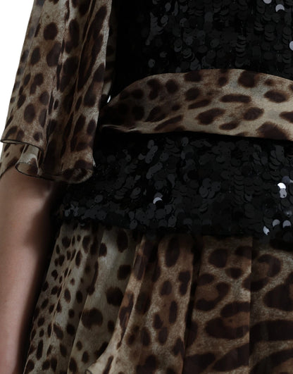 Dolce &amp; Gabbana – Maxikleid aus Seide mit Pailletten und Rüschen im Leopardenmuster