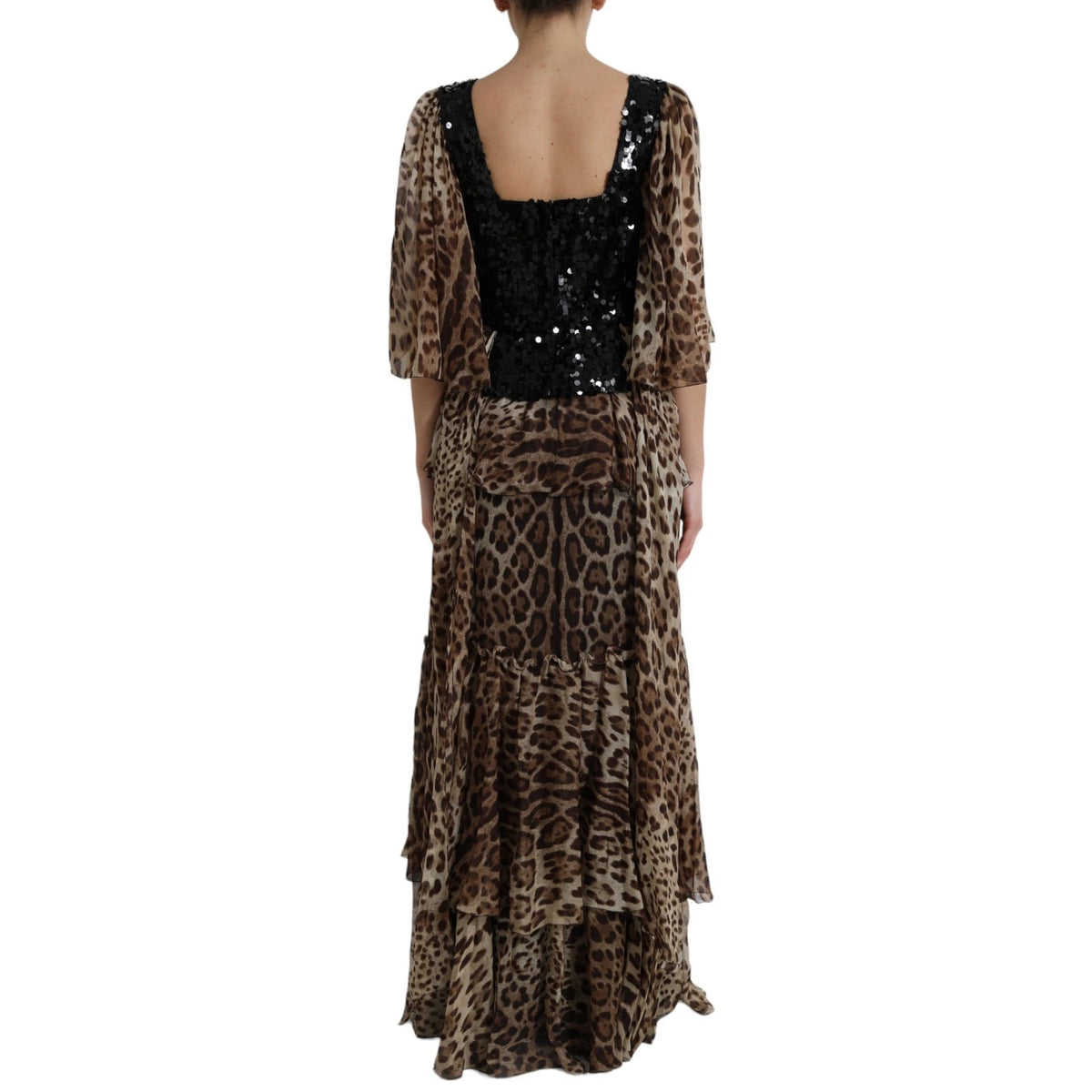 Dolce &amp; Gabbana – Maxikleid aus Seide mit Pailletten und Rüschen im Leopardenmuster