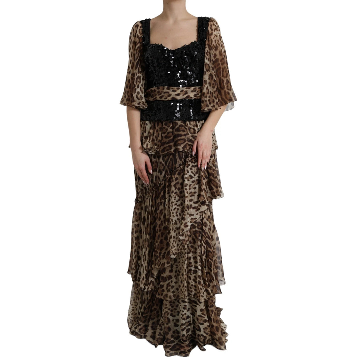 Dolce &amp; Gabbana – Maxikleid aus Seide mit Pailletten und Rüschen im Leopardenmuster