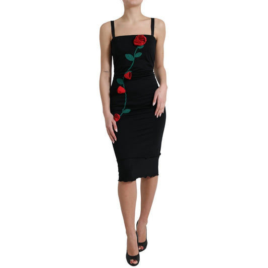 Dolce &amp; Gabbana – Ärmelloses Kleid aus schwarzer Wolle mit Rosenapplikation