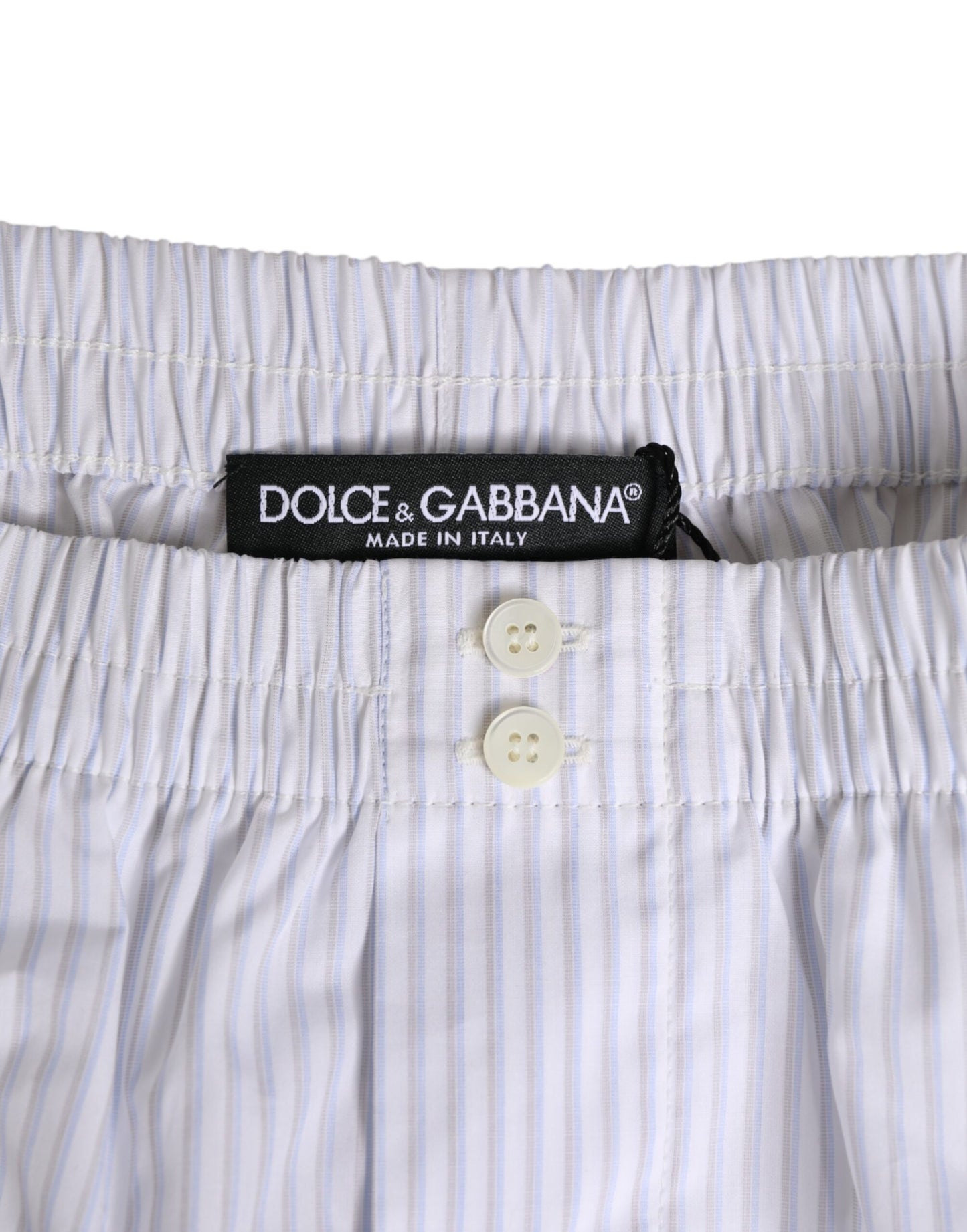 Dolce &amp; Gabbana – Badeshorts aus Baumwolle mit Streifen und Knopfleiste in Weiß und Blau