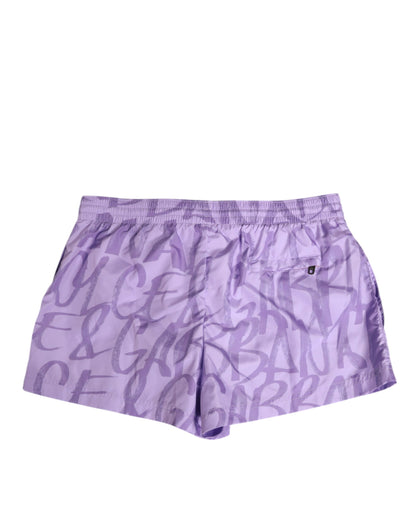 Dolce &amp; Gabbana Lila DG Logo Print Nylon Herren Shorts Bademode