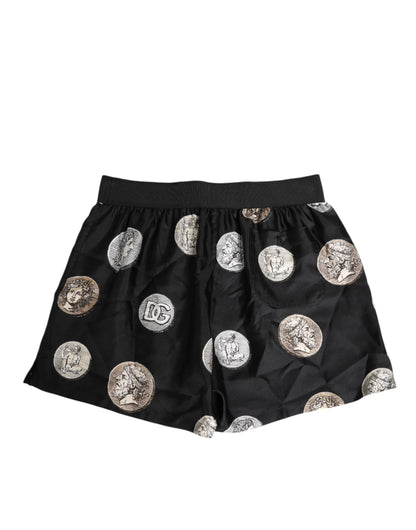 Dolce &amp; Gabbana – Schwarze Boxershorts aus Seide mit antikem Münzdruck