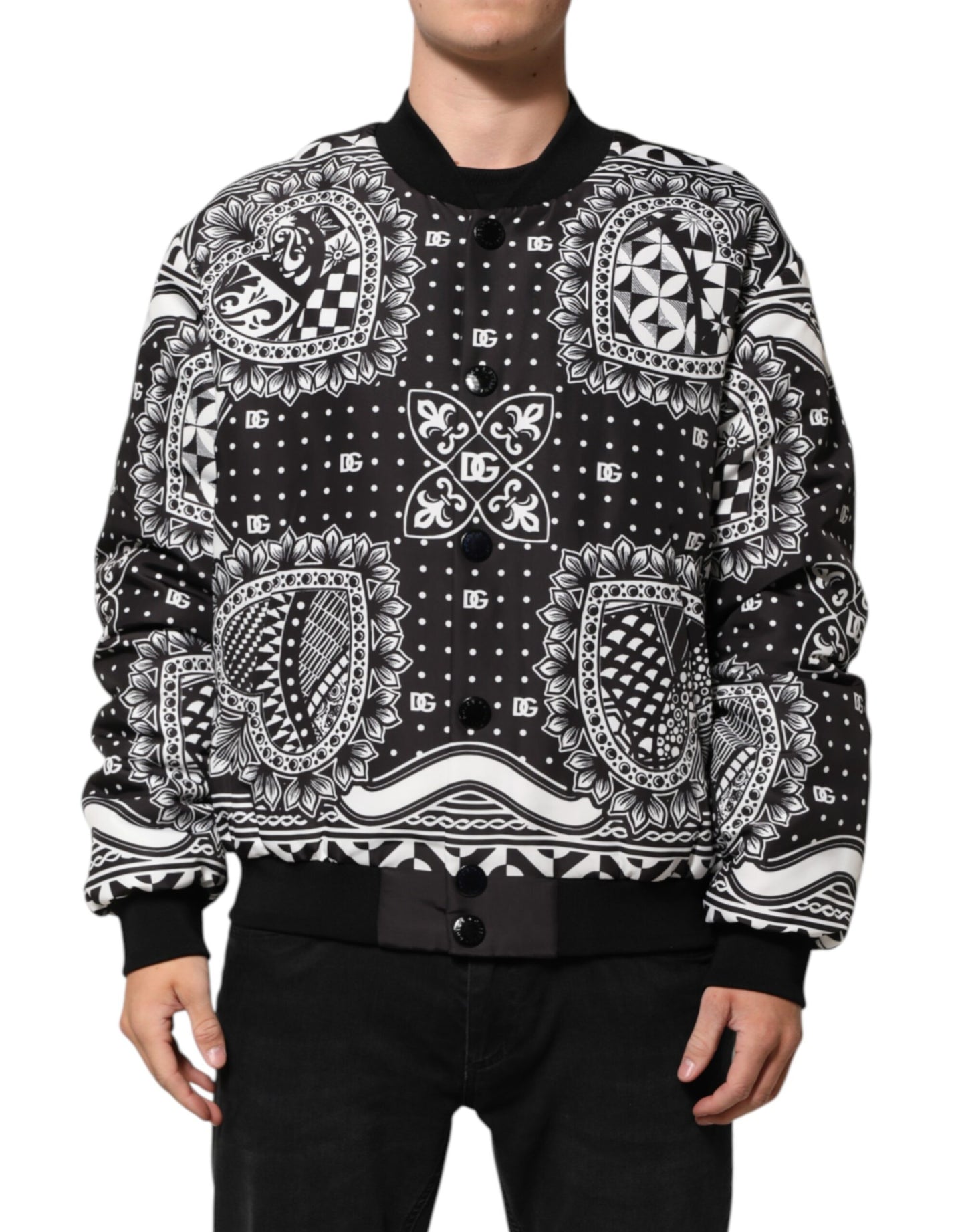 Dolce & Gabbana Black White Bandana Print Bomber Jacket