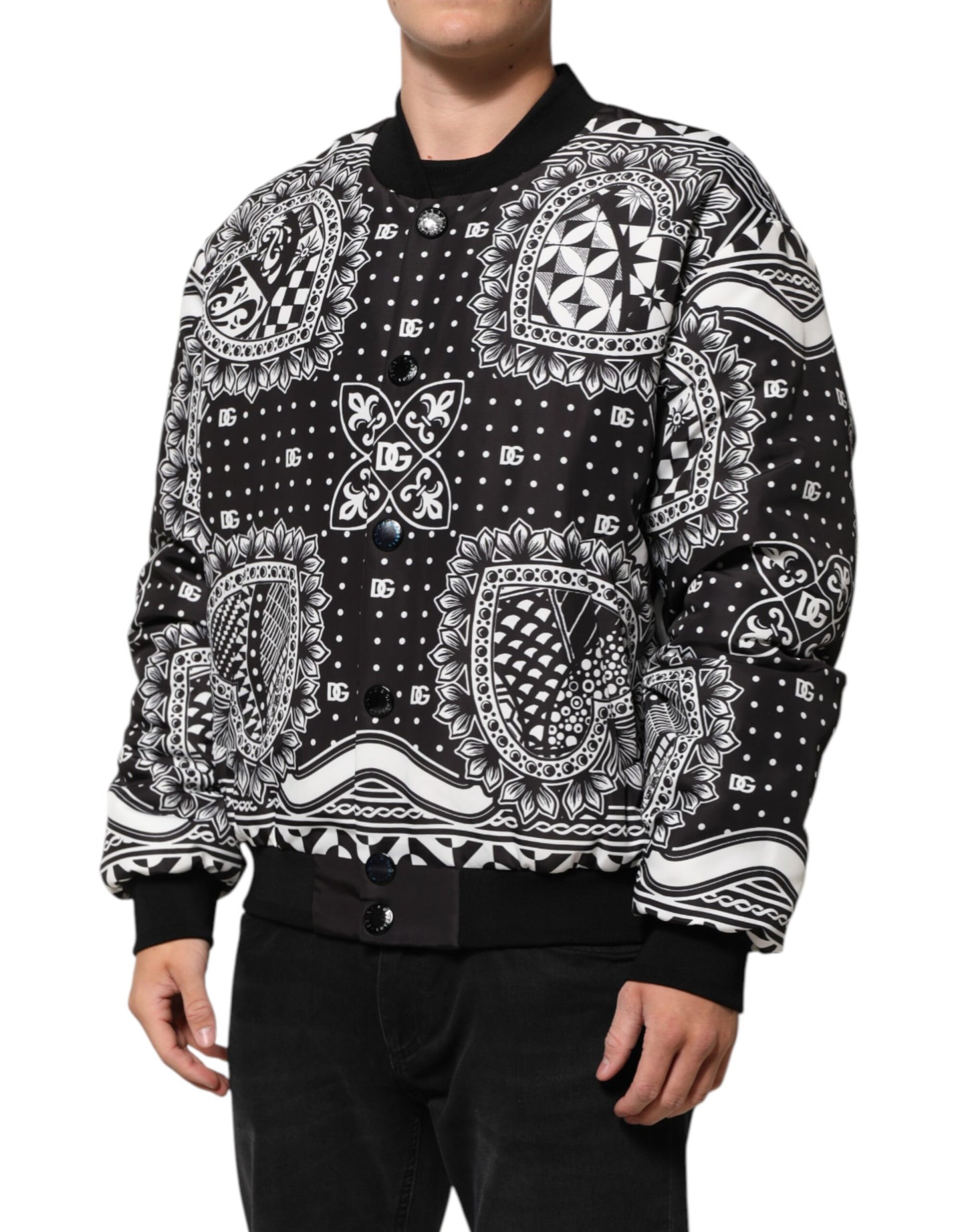 Dolce & Gabbana Black White Bandana Print Bomber Jacket