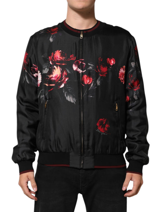 Dolce &amp; Gabbana – Bomber-Blousonjacke aus Seide mit Blumenmuster in Schwarz und Rot
