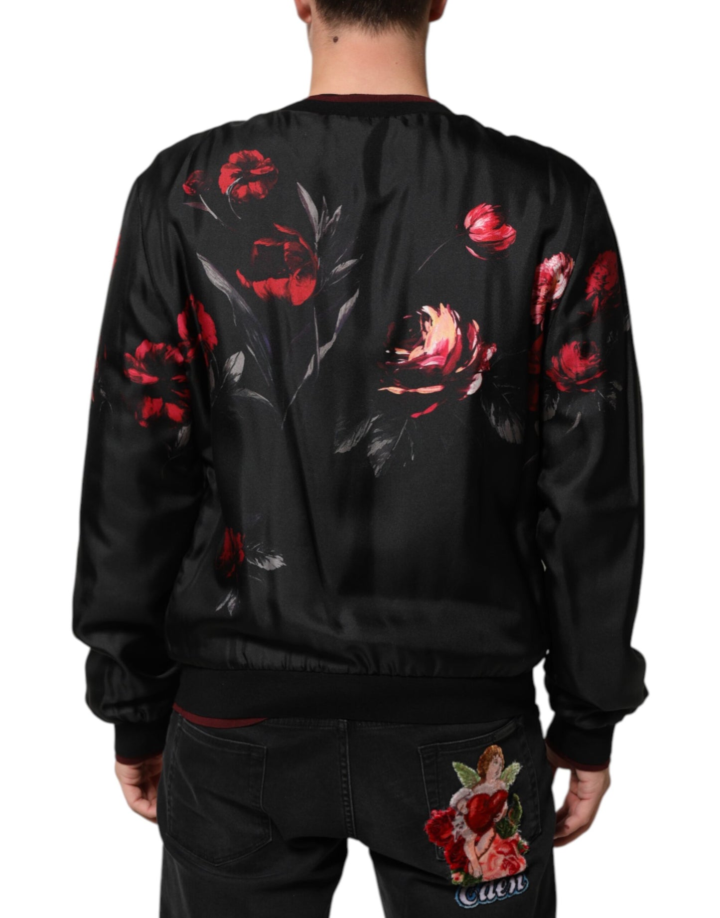 Dolce &amp; Gabbana – Bomber-Blousonjacke aus Seide mit Blumenmuster in Schwarz und Rot