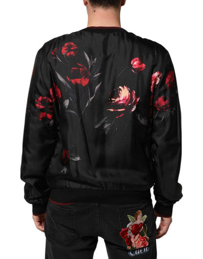 Dolce &amp; Gabbana – Bomber-Blousonjacke aus Seide mit Blumenmuster in Schwarz und Rot