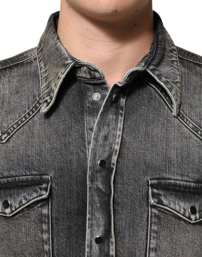 Dolce &amp; Gabbana – Freizeithemd mit langen Ärmeln und Druckknöpfen aus verwaschener Baumwolle in Schwarz