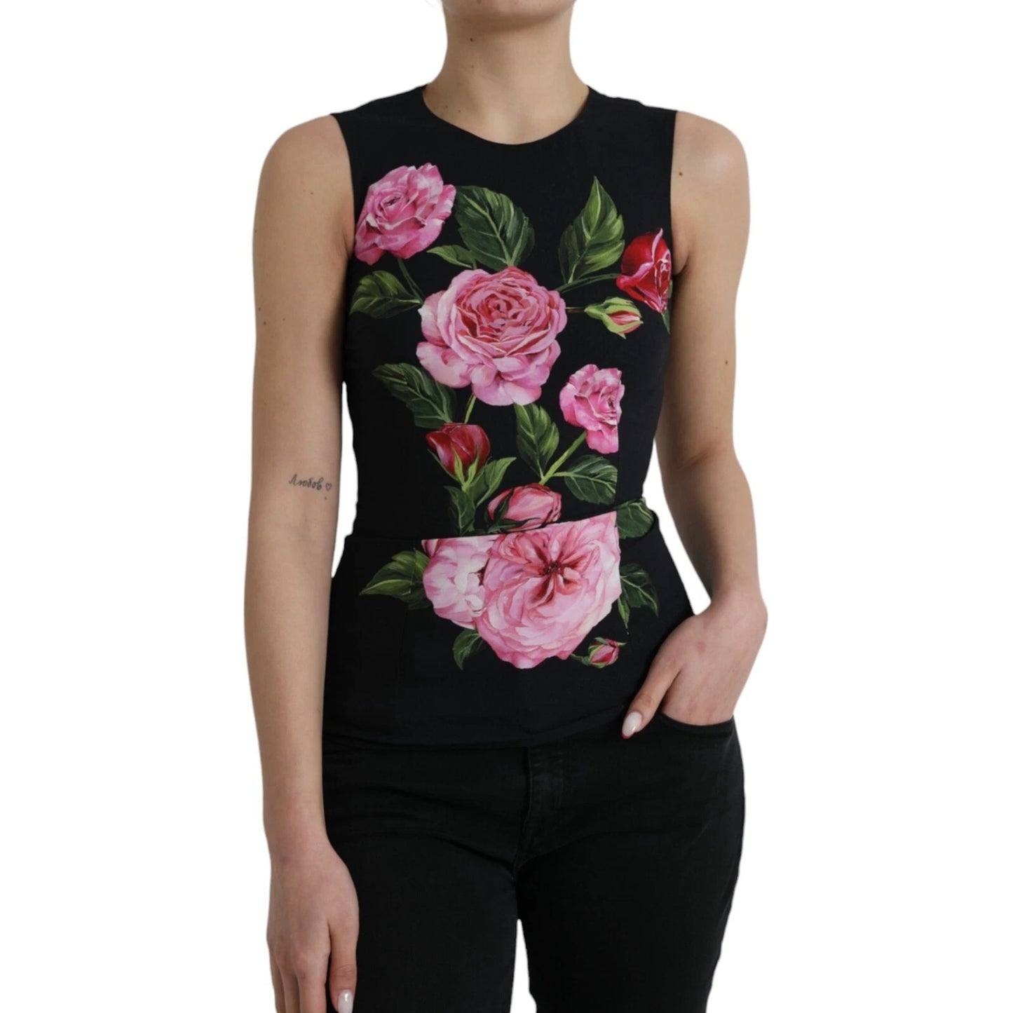 Dolce &amp; Gabbana – Schwarzes Tanktop aus Viskose mit Blumenmuster und Rundhalsausschnitt