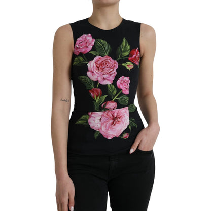 Dolce &amp; Gabbana – Schwarzes Tanktop aus Viskose mit Blumenmuster und Rundhalsausschnitt