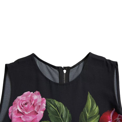 Dolce &amp; Gabbana – Schwarzes Tanktop aus Viskose mit Blumenmuster und Rundhalsausschnitt