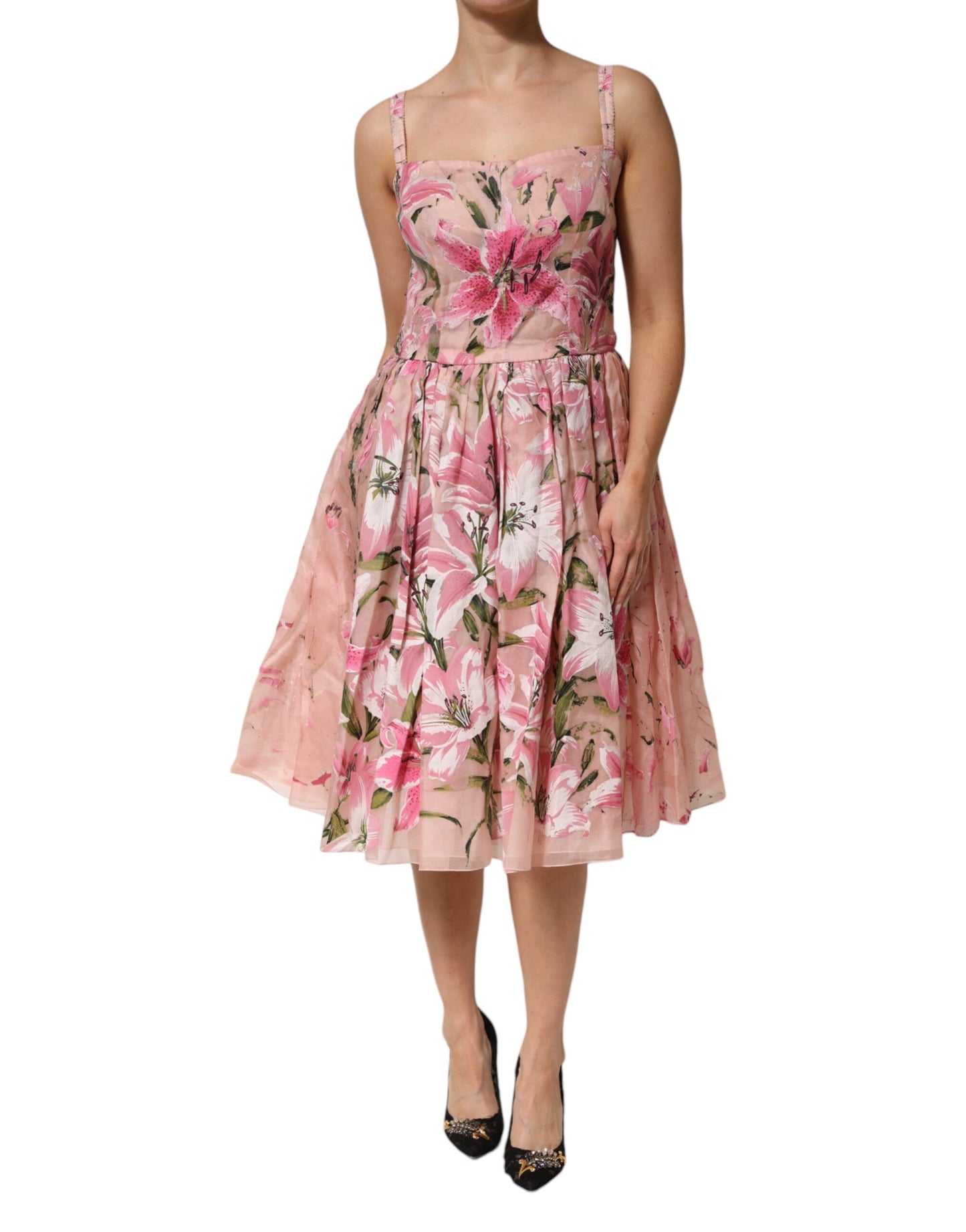 Dolce &amp; Gabbana – Ärmelloses, plissiertes Kleid aus rosa Baumwolle mit Blumenmuster