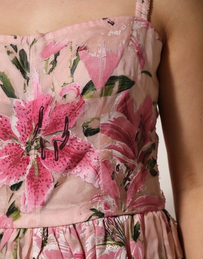 Dolce &amp; Gabbana – Ärmelloses, plissiertes Kleid aus rosa Baumwolle mit Blumenmuster