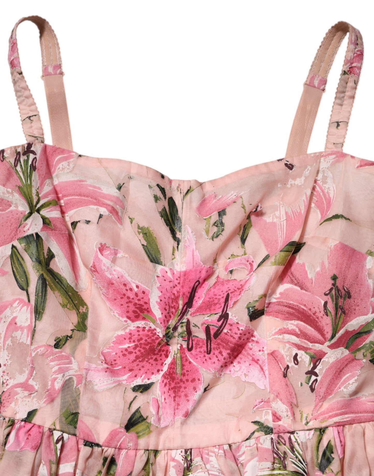 Dolce &amp; Gabbana – Ärmelloses, plissiertes Kleid aus rosa Baumwolle mit Blumenmuster