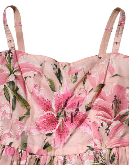 Dolce &amp; Gabbana – Ärmelloses, plissiertes Kleid aus rosa Baumwolle mit Blumenmuster