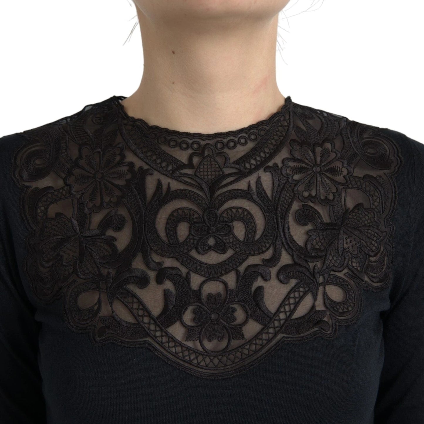 Dolce &amp; Gabbana – Schwarze Bluse mit langen Ärmeln aus Seide und Spitzenbesatz