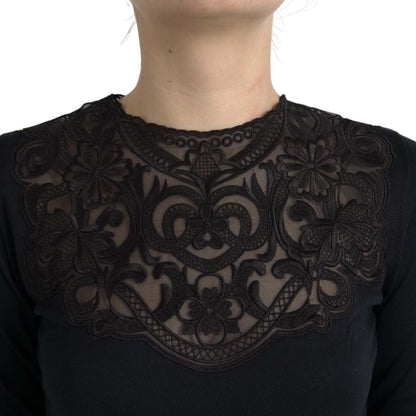 Dolce &amp; Gabbana – Schwarze Bluse mit langen Ärmeln aus Seide und Spitzenbesatz