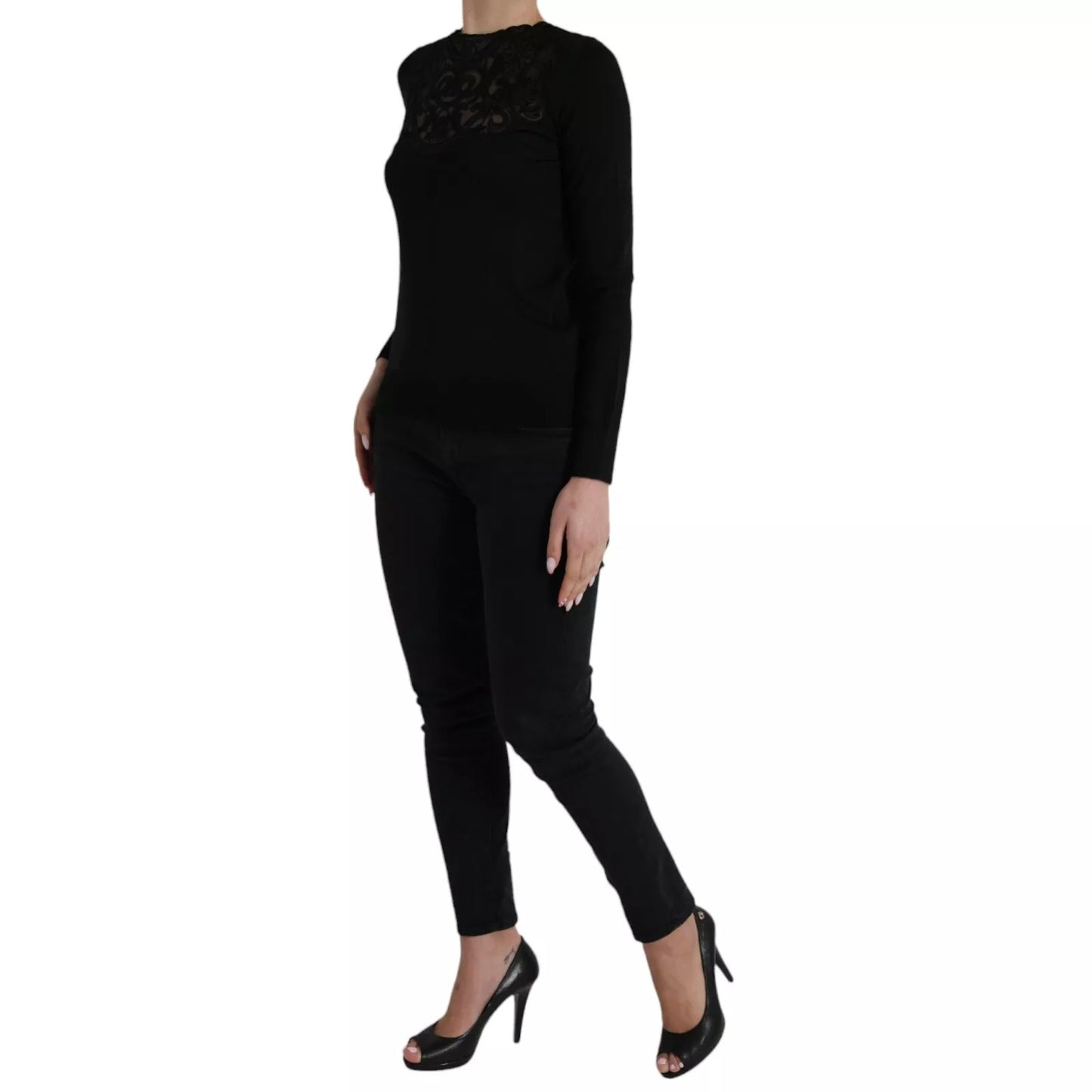 Dolce &amp; Gabbana – Schwarze Bluse mit langen Ärmeln aus Seide und Spitzenbesatz