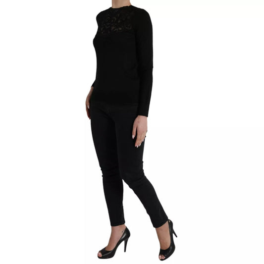 Dolce &amp; Gabbana – Schwarze Bluse mit langen Ärmeln aus Seide und Spitzenbesatz
