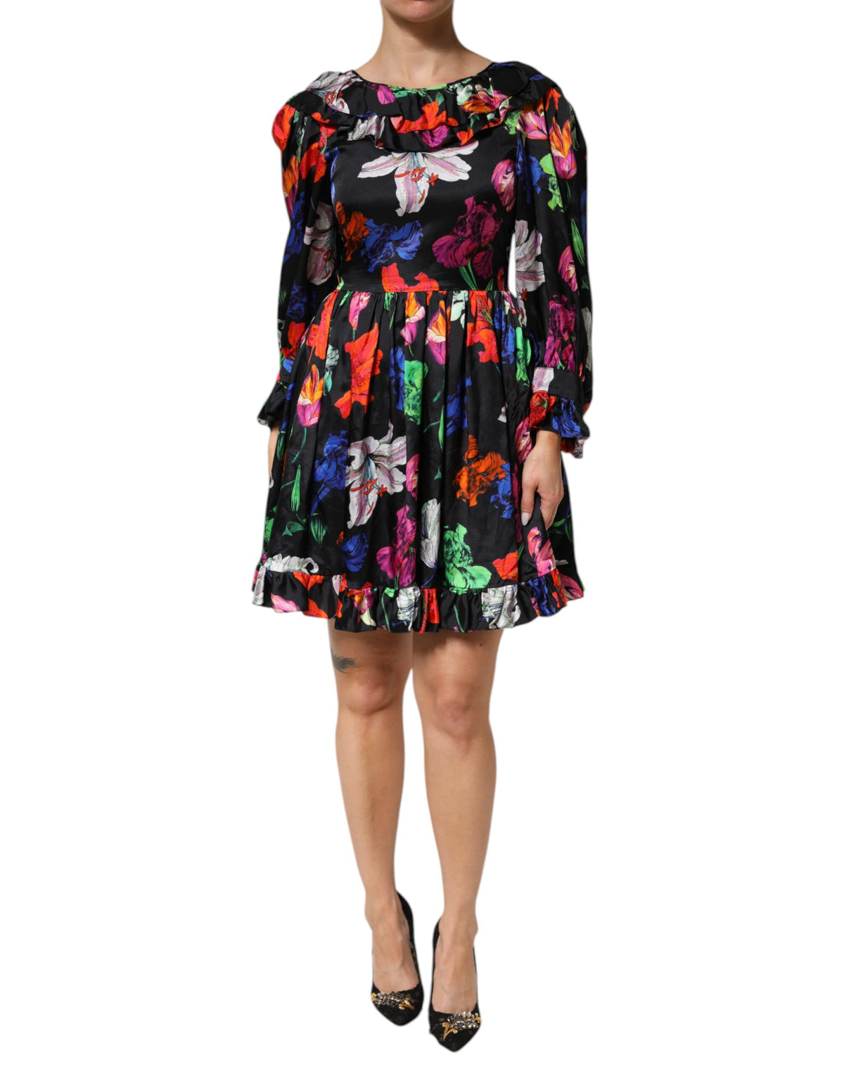 MSGM Kleid Schwarzes, mehrfarbiges, langärmliges Minikleid mit Blumenrüschen