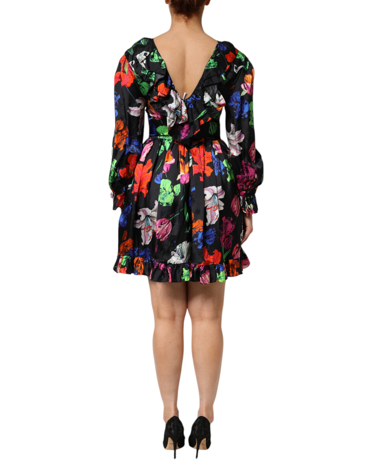MSGM Kleid Schwarzes, mehrfarbiges, langärmliges Minikleid mit Blumenrüschen