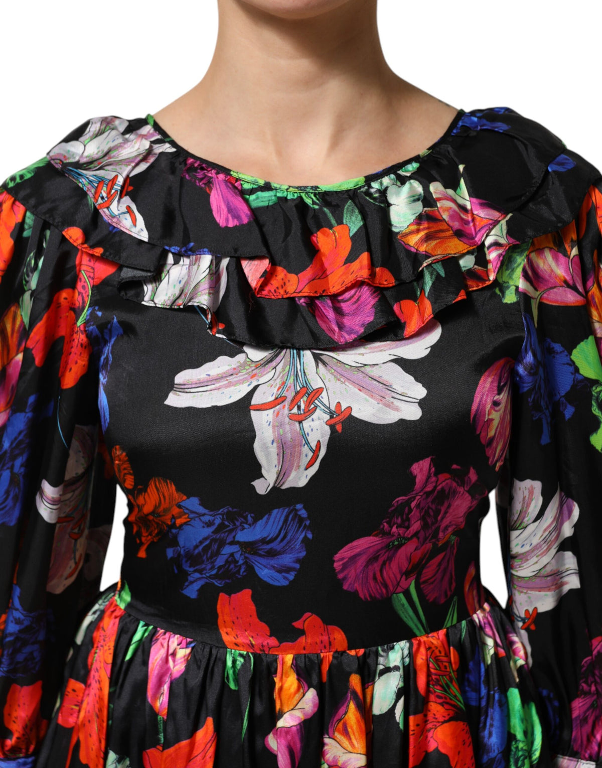 MSGM Kleid Schwarzes, mehrfarbiges, langärmliges Minikleid mit Blumenrüschen