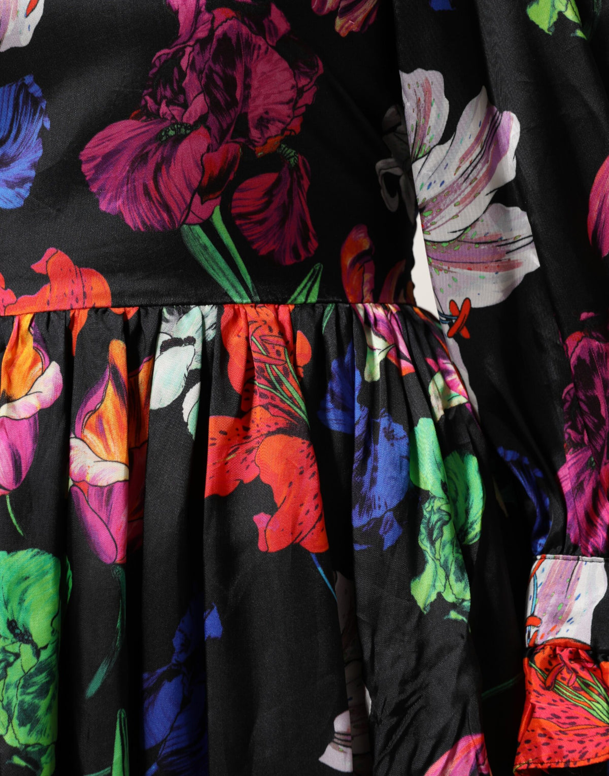 MSGM Kleid Schwarzes, mehrfarbiges, langärmliges Minikleid mit Blumenrüschen