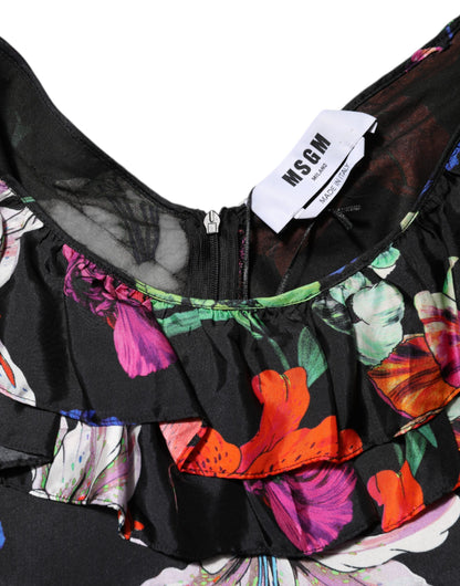 MSGM Dress Black Multicolor Floral Ruffle Long Sleeve Mini Dress