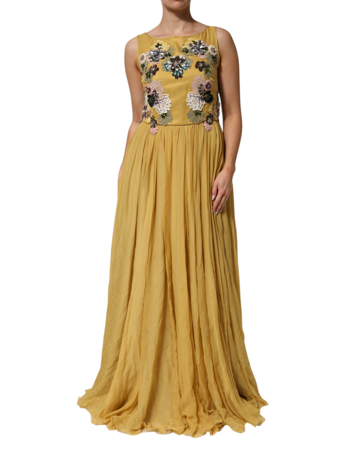 Dolce &amp; Gabbana – Maxikleid aus gelber Seide mit Blumenstickerei