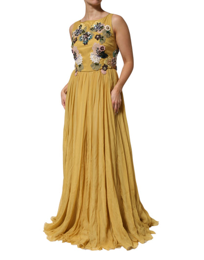 Dolce &amp; Gabbana – Maxikleid aus gelber Seide mit Blumenstickerei