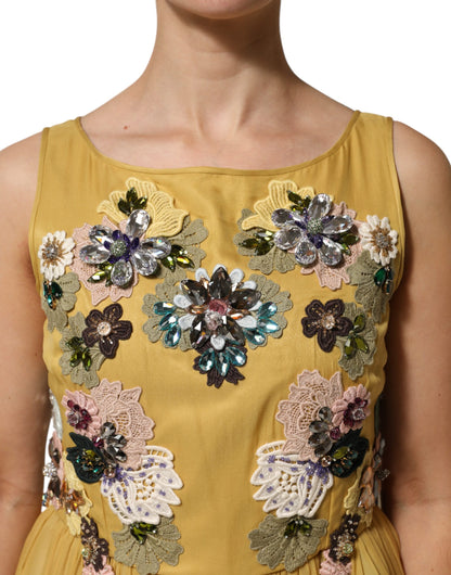 Dolce &amp; Gabbana – Maxikleid aus gelber Seide mit Blumenstickerei
